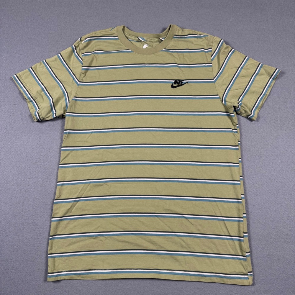 Nike Mens Striped T-Shirt Sage Green Blue White Embroidered Logo Size Large - Picture 1 of 11